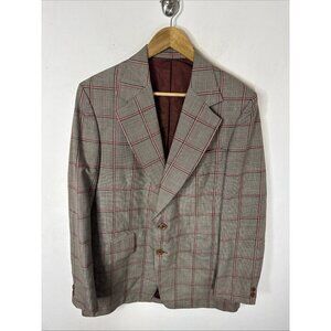 Vintage 70s 80s Men’s 40L Tall Wool Blazer Sport Coat Windowpane Plaid Retro Mod
